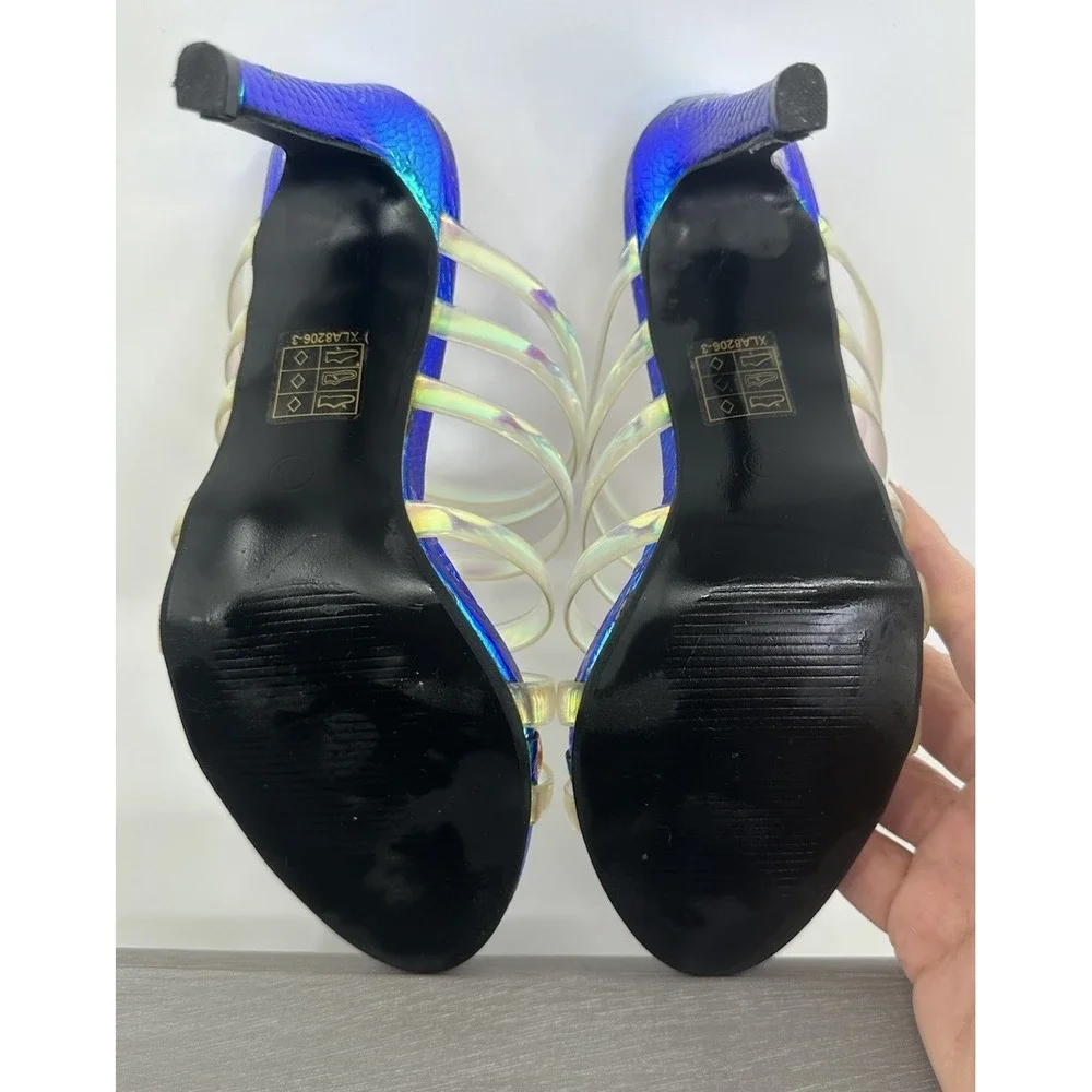 Allegra k Strappy Slide Sandals Holographic Metallic Blue Heels 6.5 Women's